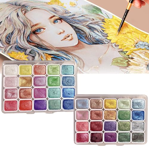 Xevinas Aquarellfarben Set, 20 Schimmerndes Aquarellfarben Metallic Farben In Tragbarer Box, Wasserfarben Wasserfarbkasten Permanent Wasserfest, Tuschkasten Für Hobbymaler Und Malerei Liebhaber (A+B) von Xevinas