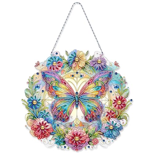 Xevinas Diamond Painting Schmetterling, Diamond Painting Anhänger Frühlingdeko, Türkranz 5D Diamond Painting Mit Kette Ostern Deko, Wandbehang Kits Für Eingang Und Fenster Wand Decor (A) von Xevinas