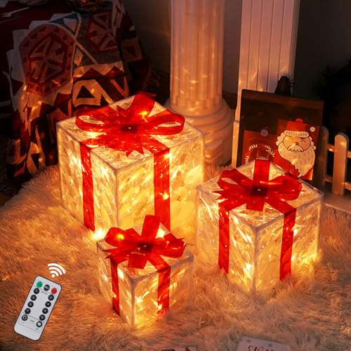 Xevinas Weihnachtsdeko Geschenkbox, 3er Led Geschenkboxen Weihnachten, Weihnachtsdeko Beleuchtet Weihnachtsbox Mit 3 Verschiedenen Größen, Batterie Betrieben Wasserdicht Weinachtsdekorationen (B) von Xevinas