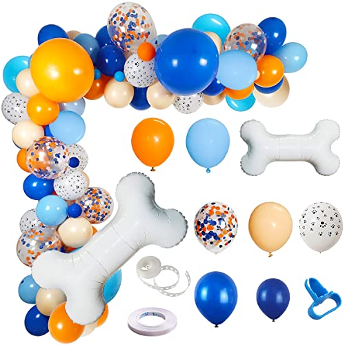 Hundeparty Deko Kind, XiXiRan 117 Blauer Ballonbogen Bunte Orange Ballons Confetti Luftballons Knochenballon Set mit Ballonkette Ballonknoter Ballon Werkzeug Latex Ballon Geburtstag Dekoration Set von XiXiRan