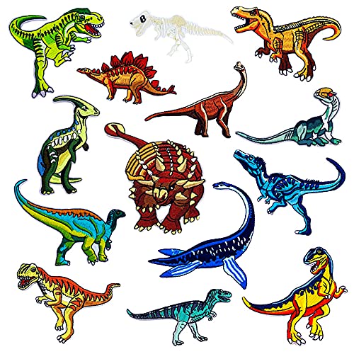 XiXiRan Dinosaurier Stickerei Aufnäher, 14 Stück Patches zum Aufbügeln, Dinosaurier Flicken zum Aufbügeln, Dinosaurier Aufnäher Applikation, für DIY T-Shirt Jeans Kleidung Taschen von XiXiRan