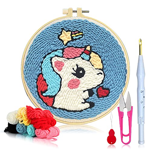 XiXiRan Einhornmuster Punch Needle Set, Punch Needle Anfänger Stickerei Set, Stanznadel Stickerei Starter Kit, mit Stickrahmen zum Sticken, für Kinder und Erwachsene, Basteln, Geschenk (Einhorn) von XiXiRan