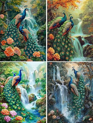 4 Stück Diamond Painting Full Set, Pfauen Diamond Painting Erwachsene Kinder, DIY 5D Wasserfall Diamant Malerei Bilder, 4er Set Strass Stickerei Painting für Wand Dekorationen und Geschenk 15x20cm von Xiaonu