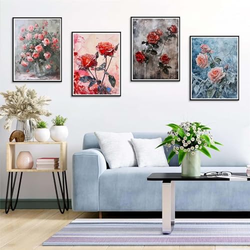 Diamond Painting, 4 Pack 5D Diamant Painting Bilder Erwachsene Kinder, DIY Blumen Diamant Malerei Set, 4 Stück Rosen Diamond Painting für Wohnzimmer Schlafzimmer Wand Dekoration Geschenk 15x20cm von Xiaonu