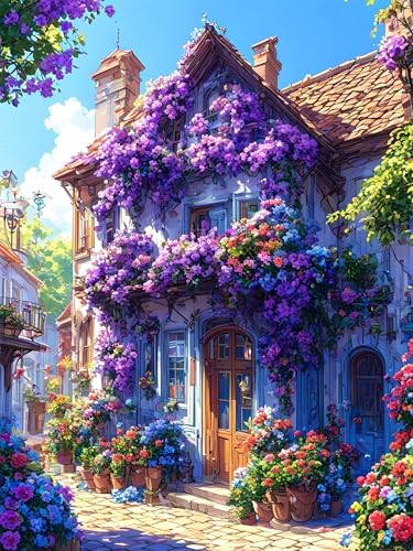 Malen Nach Zahlen Erwachsene Blume Haus, Bastelset Erwachsene Frauen, DIY Paint by Numbers Adult Mit 3 Pinseln und Acrylfarbe Leinwand Kit für Home Décor und Geschenk, Ohne Rahmen 100 x 130 cm H-10 von Xiaonu