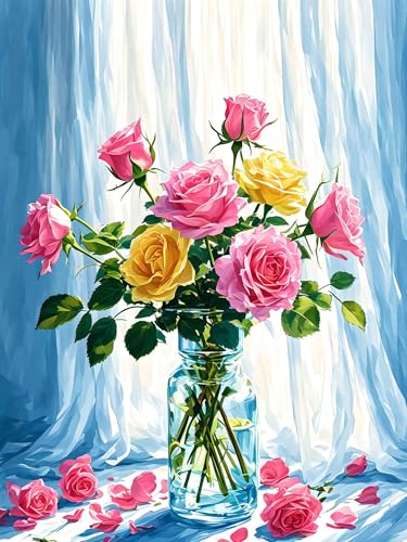 Malen Nach Zahlen Erwachsene Blume Rose, Bastelset Erwachsene Frauen, DIY Paint by Numbers Adult Mit 3 Pinseln und Acrylfarbe Leinwand Kit für Home Décor und Geschenk, Ohne Rahmen 20 x 30 cm H-401 von Xiaonu