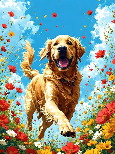 Malen Nach Zahlen Erwachsene Hund Blume, Bastelset Erwachsene Frauen, DIY Paint by Numbers Adult Mit 3 Pinseln und Acrylfarbe Leinwand Kit für Home Décor und Geschenk, Ohne Rahmen 75 x 100 cm H-432 von Xiaonu