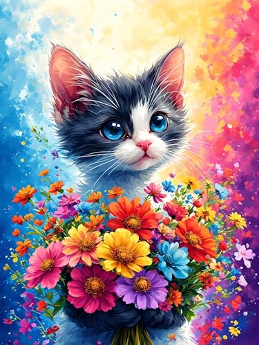 Malen Nach Zahlen Erwachsene Katze, Malen Nach Zahlen Blume, DIY Handgemaltes Ölgemälde Set für Erwachsene Mit Pinseln und Acrylfarbe, Kreative Geschenk Heimdekoration, Ohne Rahmen 70 x 90 cm H-24 von Xiaonu