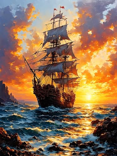 Malen Nach Zahlen Erwachsene Sonnenuntergang Boot, Bastelset Erwachsene Frauen, DIY Paint by Numbers Adult Mit 3 Pinseln und Acrylfarbe Leinwand Kit für Home Décor, Ohne Rahmen 75 x 100 cm H-413 von Xiaonu