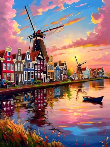 Malen Nach Zahlen Erwachsene Windmühle Landschaft, Bastelset Erwachsene Frauen, DIY Paint by Numbers Adult Mit 3 Pinseln und Acrylfarbe Leinwand Kit für Home Décor, Ohne Rahmen 75 x 100 cm H-416 von Xiaonu