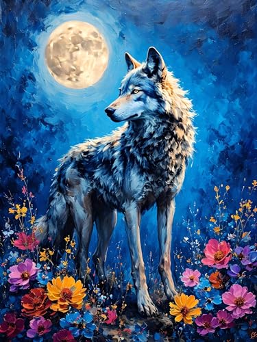 Malen Nach Zahlen Erwachsene Wolf, Malen Nach Zahlen Blume, DIY Handgemaltes Ölgemälde Set für Erwachsene Mit Pinseln und Acrylfarbe, Kreative Geschenk Heimdekoration, Ohne Rahmen 40 x 50 cm H-428 von Xiaonu