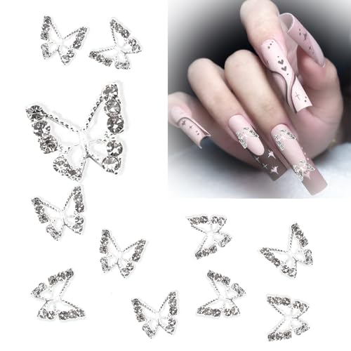 Xiciki Legierungs Schmetterlings nail charms silver 10 Stück,3D Schmetterling Nagel Charms，kreative Nail Charms mit Glitzersteine Nägel,Schmetterling Nail Art Zubehör von Xiciki