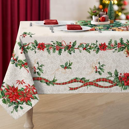 Rechteckige Weihnachtstischdecke, 152,4 x 308,5 cm, Weihnachtsbaum-Blumen-Geschenkbox-Stil, Weihnachtsblumen-Polyester, wasserdichte Tischdecke für Küchendekoration, Innen- und Außenbereich, Partys von Xidingyue