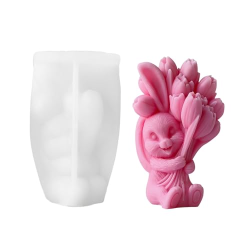 Xidmold Ostern Hase Kerzenform Gipsform Epoxidharz Gießform 3D Hase hält Tulpen Silikonform für Fondant, Tortendeko, Schokolade, Sojawachs Kerzen, Seife, Gips, Handwerk (Hase) von Xidmold