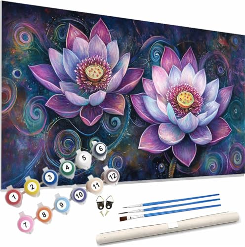 Blume Malen Nach Zahlen Erwachsene Groß 150x60cm Malen Nach Zahlen Lotus, Bastelset Set für Erwachsene, DIY Handgemalt Ölgemälde Leinwand Kit mit Pinseln Acrylfarben, Home Dekor Frauen Geschenk S-404 von Xieazgsn