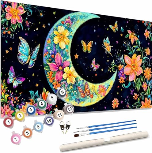 Blume Malen Nach Zahlen Erwachsene Groß 150x60cm Malen Nach Zahlen Mond, Bastelset Set für Erwachsene, DIY Handgemalt Ölgemälde Leinwand Kit mit Pinseln Acrylfarben, Home Dekor Frauen Geschenk S-463 von Xieazgsn