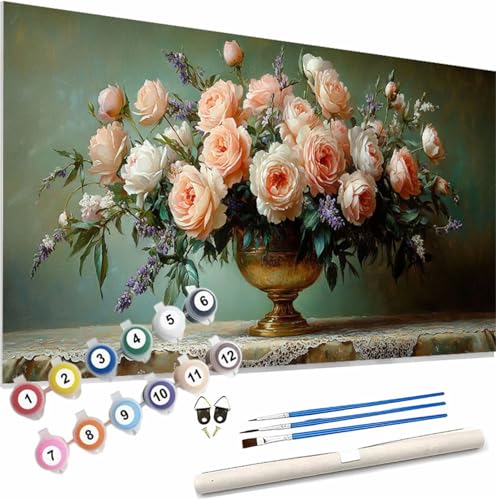 Blume Malen Nach Zahlen Erwachsene Groß 150x60cm Malen Nach Zahlen Rose, Bastelset Set für Erwachsene, DIY Handgemalt Ölgemälde Leinwand Kit mit Pinseln Acrylfarben, Home Dekor Frauen Geschenk S-424 von Xieazgsn