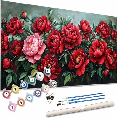 Blume Malen Nach Zahlen Erwachsene Groß 150x60cm Malen Nach Zahlen Rot, Bastelset Set für Erwachsene, DIY Handgemalt Ölgemälde Leinwand Kit mit Pinseln Acrylfarben, Home Dekor Frauen Geschenk S-407 von Xieazgsn