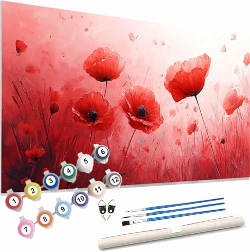 Blume Malen Nach Zahlen Erwachsene Groß 150x60cm Malen Nach Zahlen Rot, Bastelset Set für Erwachsene, DIY Handgemalt Ölgemälde Leinwand Kit mit Pinseln Acrylfarben, Home Dekor Frauen Geschenk S-408 von Xieazgsn