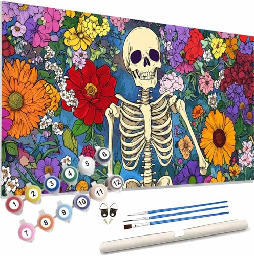 Blume Malen Nach Zahlen Erwachsene Groß 150x60cm Malen Nach Zahlen Skeleton,Bastelset Set für Erwachsene,DIY Handgemalt Ölgemälde Leinwand Kit mit Pinseln Acrylfarben,Home Dekor Frauen Geschenk S-415 von Xieazgsn