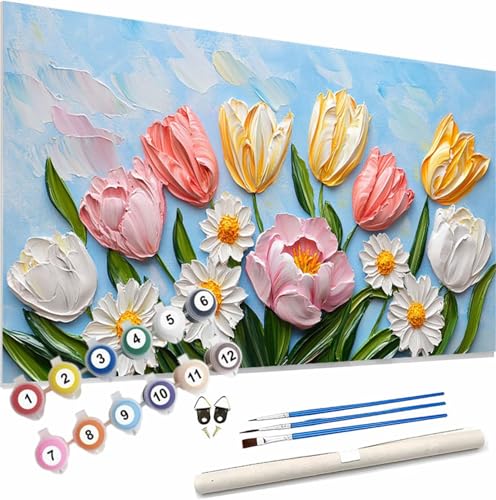 Blume Malen Nach Zahlen Erwachsene Groß 150x60cm Malen Nach Zahlen Tulpe, Bastelset Set für Erwachsene, DIY Handgemalt Ölgemälde Leinwand Kit mit Pinseln Acrylfarben, Home Dekor Frauen Geschenk S-458 von Xieazgsn