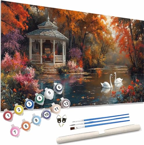 Herbst Malen Nach Zahlen Erwachsene Groß 40x80cm Malen Nach Zahlen Schwan, Bastelset Set für Erwachsene, DIY Handgemalt Ölgemälde Leinwand Kit mit Pinseln Acrylfarben, Home Dekor Frauen Geschenk S-643 von Xieazgsn