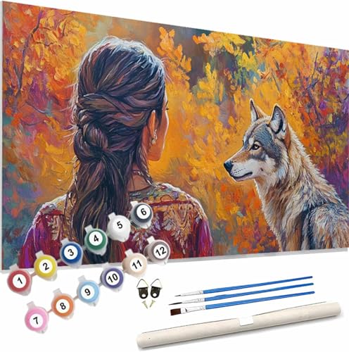 Herbst Malen Nach Zahlen Erwachsene Groß 40x80cm Malen Nach Zahlen Wolf, Bastelset Set für Erwachsene, DIY Handgemalt Ölgemälde Leinwand Kit mit Pinseln Acrylfarben, Home Dekor Frauen Geschenk S-634 von Xieazgsn