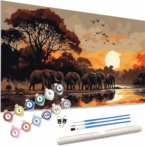 Malen Nach Zahlen Erwachsene Elefant Malen Nach Zahlen Sonnenuntergang Paint by Numbers für Anfänger,DIY Handgemalt Ölgemälde Leinwand Kit,Pinseln Acrylfarben Bastelset,Home Dekor Gifts 120x50cm S-91 von Xieazgsn