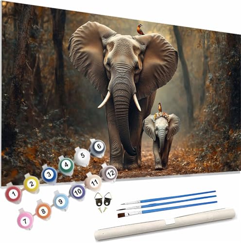 Malen Nach Zahlen Erwachsene Elefant Malen Nach Zahlen Wald Paint by Numbers für Anfänger,DIY Handgemalt Ölgemälde Leinwand Kit mit Pinseln Acrylfarben Bastelset,Home Wand Dekor Geschenk 120x50cm S-93 von Xieazgsn