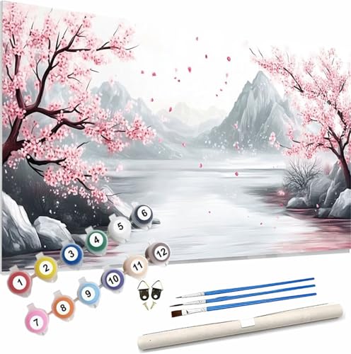 Malen Nach Zahlen Erwachsene Japan Malen Nach Zahlen Kirschblüten Paint by Numbers für Anfänger,DIY Handgemalt Ölgemälde Leinwand Kit,Pinseln Acrylfarben Bastelset,Home Dekor Geschenk 120x50cm S-657 von Xieazgsn