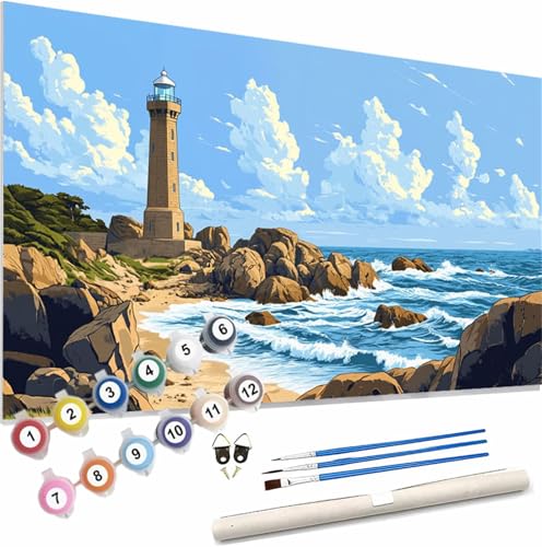 Malen Nach Zahlen Erwachsene Leuchtturm Malen Nach Zahlen Strand Paint by Numbers für Anfänger,DIY Handgemalt Ölgemälde Leinwand Kit,Pinseln Acrylfarben Bastelset,Home Dekor Geschenk 120x50cm S-98 von Xieazgsn