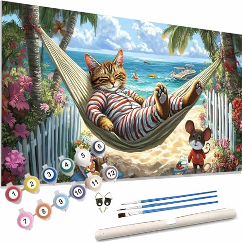 Malen Nach Zahlen Erwachsene Tier Malen Nach Zahlen Katze Paint by Numbers für Anfänger,DIY Handgemalt Ölgemälde Leinwand Kit mit Pinseln Acrylfarben Bastelset,Home Wand Dekor Geschenk 120x50cm S-181 von Xieazgsn