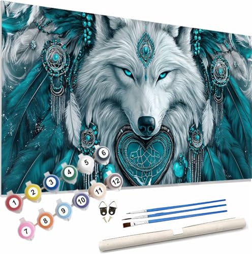 Malen Nach Zahlen Erwachsene Tier Malen Nach Zahlen Wolf Paint by Numbers für Anfänger,DIY Handgemalt Ölgemälde Leinwand Kit mit Pinseln Acrylfarben Bastelset,Home Wand Dekor Geschenk 120x50cm S-149 von Xieazgsn