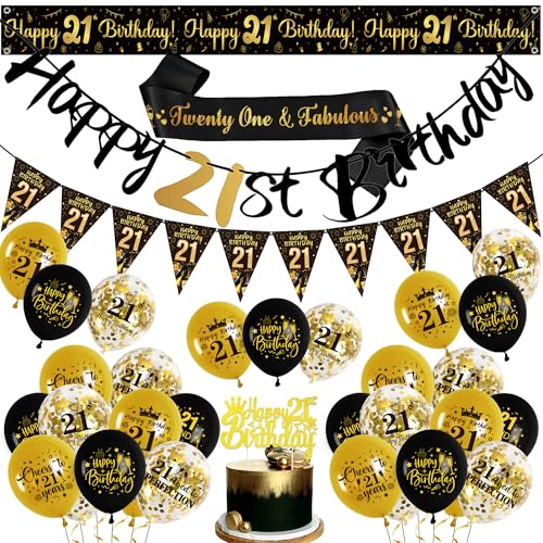 21 Geburtstag Deko Schwarz Gold - 21. Geburtstagsdeko Männer Frau, Happy Birthday Girlande Wimpelkette Banner Schärpe Tortendeko und Luftballons zum 21. Geburtstag von Xietaea