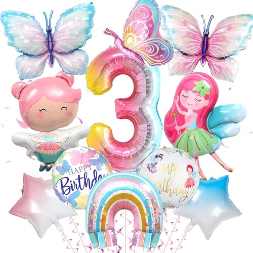 Schmetterling Deko 3. Geburtstag für Mädchen - Feen Geburtstag Dekoration Set mit Schmetterling Luftballon, Folienballon 3, Eelfen und Feen Ballon, Geburtstag Deko 3 Jahre Mädchen von Xietaea