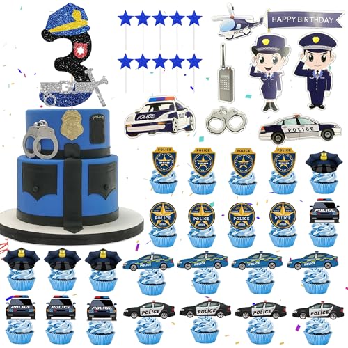 3. Polizei Geburtstag Deko Tortendeko - 42 Stück Polizeiauto Cupcake Topper, Happy Birthday Kuchendeko, Auto Cake Topper, Polizei Deko Kindergeburtstag 3 Jahre Alt, Geburtstagsparty für Jungen von Xietaea