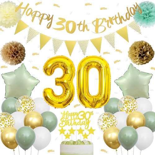 30 Geburtstagsdeko Grün Goldene - 53 Stück 30. Geburtstagsparty Dekorationen Männer Frauen mit Birthday Banner Luftballons Seidenpapier Pompoms Dekoration für Dschungel Theme Geburtstags Party Deko von Xietaea