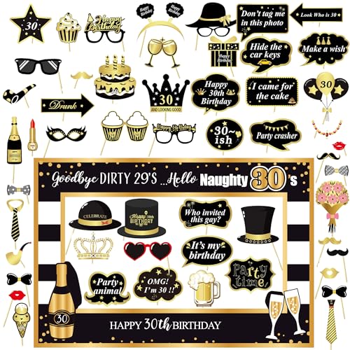 30. Geburtstag Deko Foto Requisiten - 54 Stück Schwar Gold Fotobox Accessoires für 30. Geburtstag Dekoration mit Masken, Hüten, Gläsern und Sprechblasen für Geburtstag Deko und Foto Booth Props von Xietaea