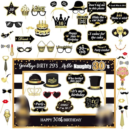 30. Geburtstag Deko Foto Requisiten - 54 Stück Schwar Gold Fotobox Accessoires für 30. Geburtstag Dekoration mit Masken, Hüten, Gläsern und Sprechblasen für Geburtstag Deko und Foto Booth Props von Xietaea