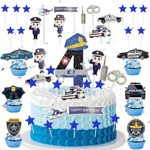 4. Polizei Geburtstag Deko Tortendeko - 42 Stück Polizeiauto Cupcake Topper, Happy Birthday Kuchendeko, Auto Cake Topper, Polizei Deko Kindergeburtstag 4 Jahre Alt, Geburtstagsparty für Jungen von Xietaea