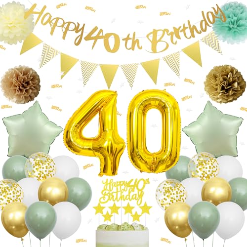 40. Geburtstag Deko Set für Frauen - 53 Stück Grün Goldene Geburtstagsdeko 40 Jahre Happy Birthday Banner, Seidenpapier Pompoms, Dekoration Luftballons für 40 Geburtstag Männer und Frau von Xietaea