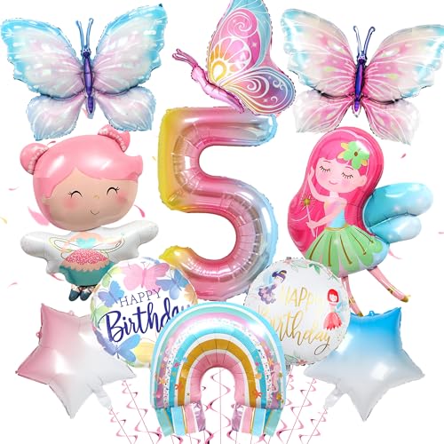 5. Geburtstag Dekoration für Mädchen - Feen Schmetterling Deko Geburtstag Set mit Schmetterling Luftballon, Folienballon 5, Feen Ballon, Geburtstag Deko 5 Jahre Mädchen von Xietaea