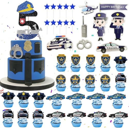 5. Polizei Geburtstag Deko Tortendeko - 42 Stück Polizeiauto Cupcake Topper, Happy Birthday Kuchendeko, Auto Cake Topper, Polizei Deko Kindergeburtstag 5 Jahre Alt, Geburtstagsparty für Jungen von Xietaea