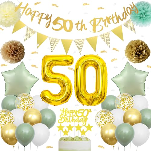 Xietaea Deko 50 Geburtstag Frau - 53 Stück Grün Goldene 50. Geburtstagsparty Dekoratio mit Happy Birthday Girlande Luftballons Seidenpapier Pompoms Dekoration 50 Jahre Geburtstag Deko für Mann Frau von Xietaea