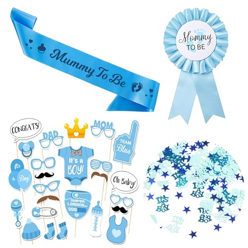 Baby Shower Deko Junge - 28 Stück Babyparty deko Blau mit Baby Boy Foto Requisiten, Its A Boy Konfetti, Mommy to be Schärpe und Abzeichen, Neugeborene Foto Stützen Photo Booth Props von Xietaea