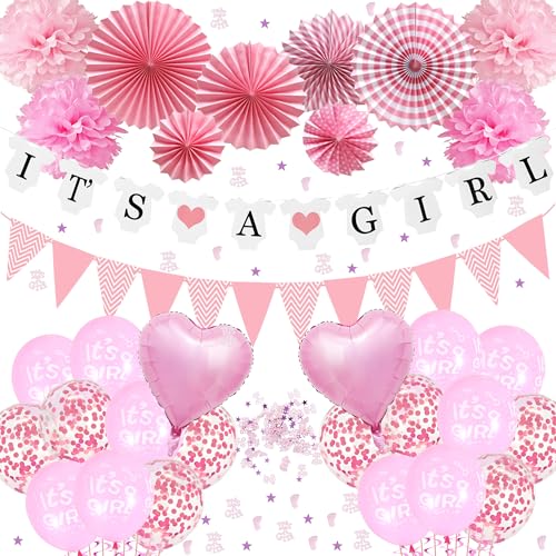 Babyparty Deko Mädchen - 45 Stück Rosa Baby Shower Deko mit Its A Girl Girlande Banner Wimpelkette Luftballons Papier Fächer Pompoms und Konfetti, Welcome Baby Girl Gender Reveal Party Dekoration von Xietaea