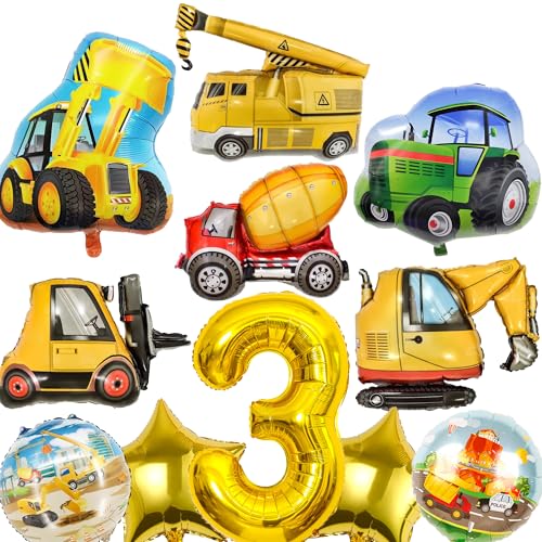 Bagger Geburtstag Deko 3 Jahre - 11 Stück Baufahrzeug Luftballons Traktor Bulldozer Gabelstapler Folienballons Zahl Sterne Ballons, Baustelle Auto Dekoration für Kindergeburtstag Junge von Xietaea