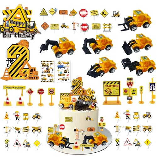 Bagger Kinder 2 Jahre Geburtstag - 59 Stück Bagger Kuchendeko Set für 2 Jahre mit Happy Birthday Tortendeko, Baustelle Spielzeug, Cupcake Topper, Bagger Tortendeko Deko für Junge 2 Kindergeburtstag von Xietaea