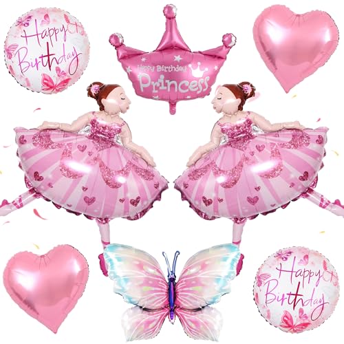 Ballerina Geburtstag Deko Ballon Mädchen - 8 Stück Ballett Prinzessin Luftballon XXL Krone Schmetterling Folienballon Herzballons, Rosa Ballerina Motto Party Dekoration für Kindergeburtstage von Xietaea