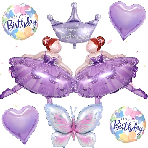 Ballerina Geburtstag Deko Ballon Mädchen - 8 Stück Ballett Prinzessin Luftballon XXL Krone Schmetterling Folienballon Herzballons, Lila Ballerina Party Dekoration für Kindergeburtstage von Xietaea